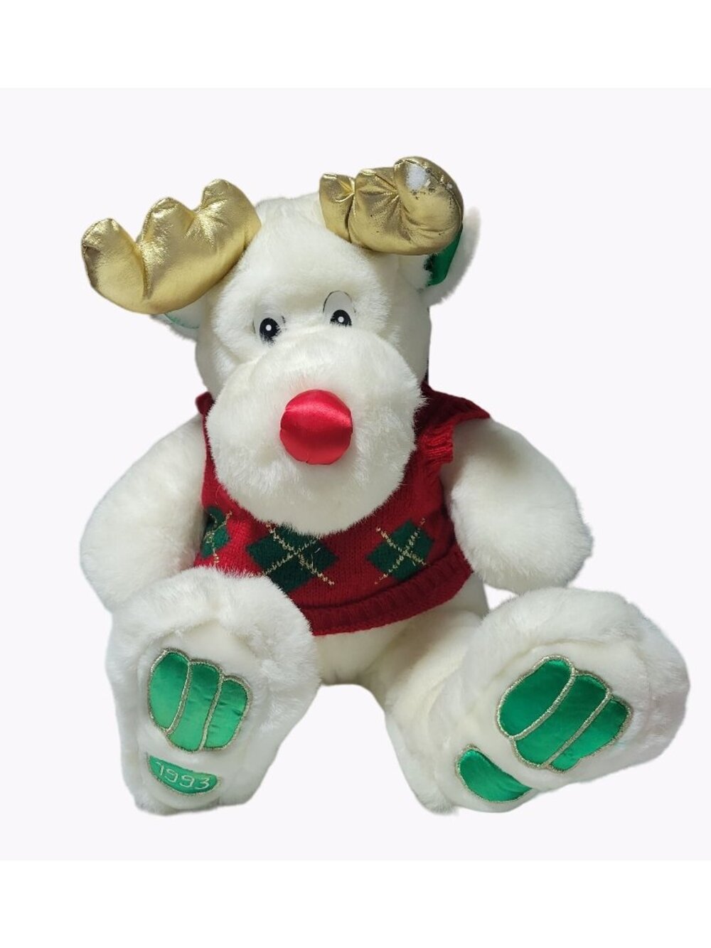 Vintage 90s Christmas Red Nosed Reindeer 25 in Plush Argyle Sweater Holiday Toy